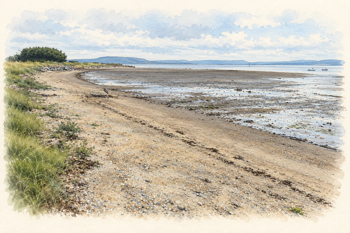Watercolour and fine ink illustration of Quigley's Point tidal fan delta and Lough Foyle shoreline, County Donegal.