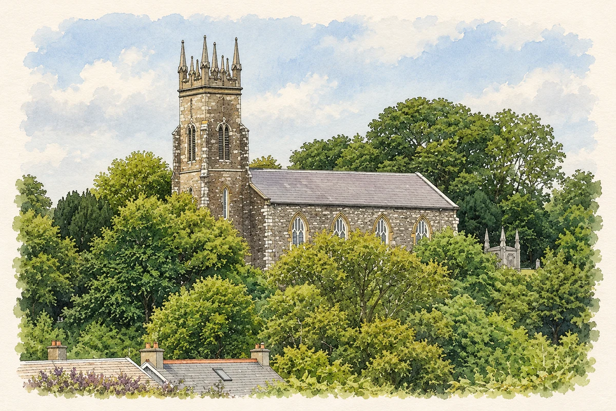 Watercolour and fine ink illustration of St Barrahane’s Church, Castletownshend.
