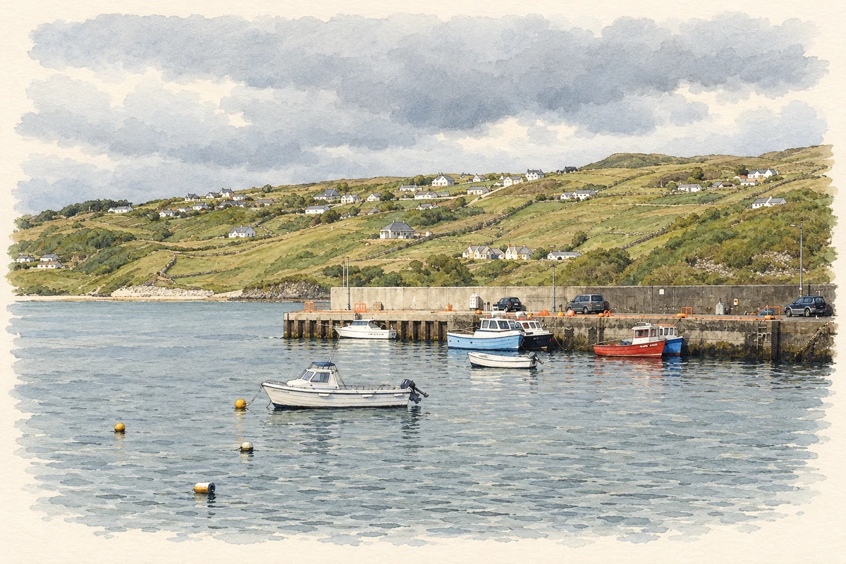 Watercolour and fine ink illustration of Teelin Pier and harbour, County Donegal, as photographed in July 2011.