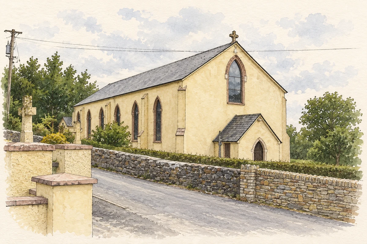 Watercolour and fine ink illustration of Saint Columba’s Church at Termon, County Donegal, as photographed in June 2009.