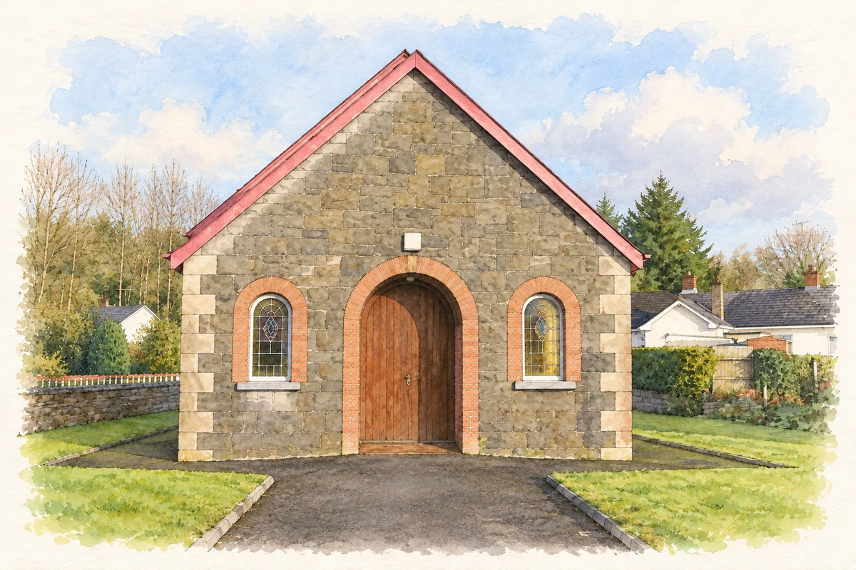 Watercolour and fine ink illustration of Methodist Church, Clabby.