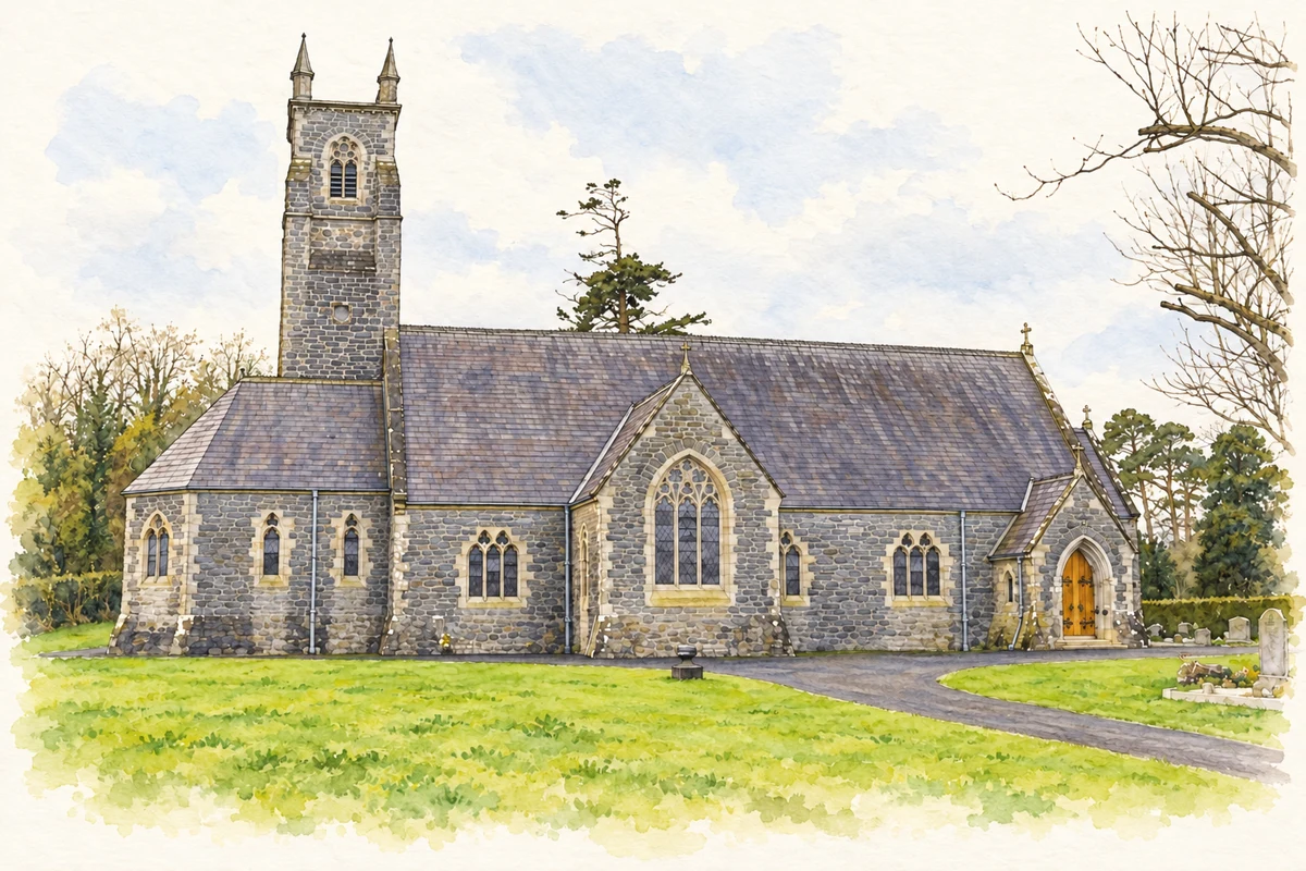Watercolour and fine ink illustration of The Priory Church at Killadeas, as photographed in 2007.