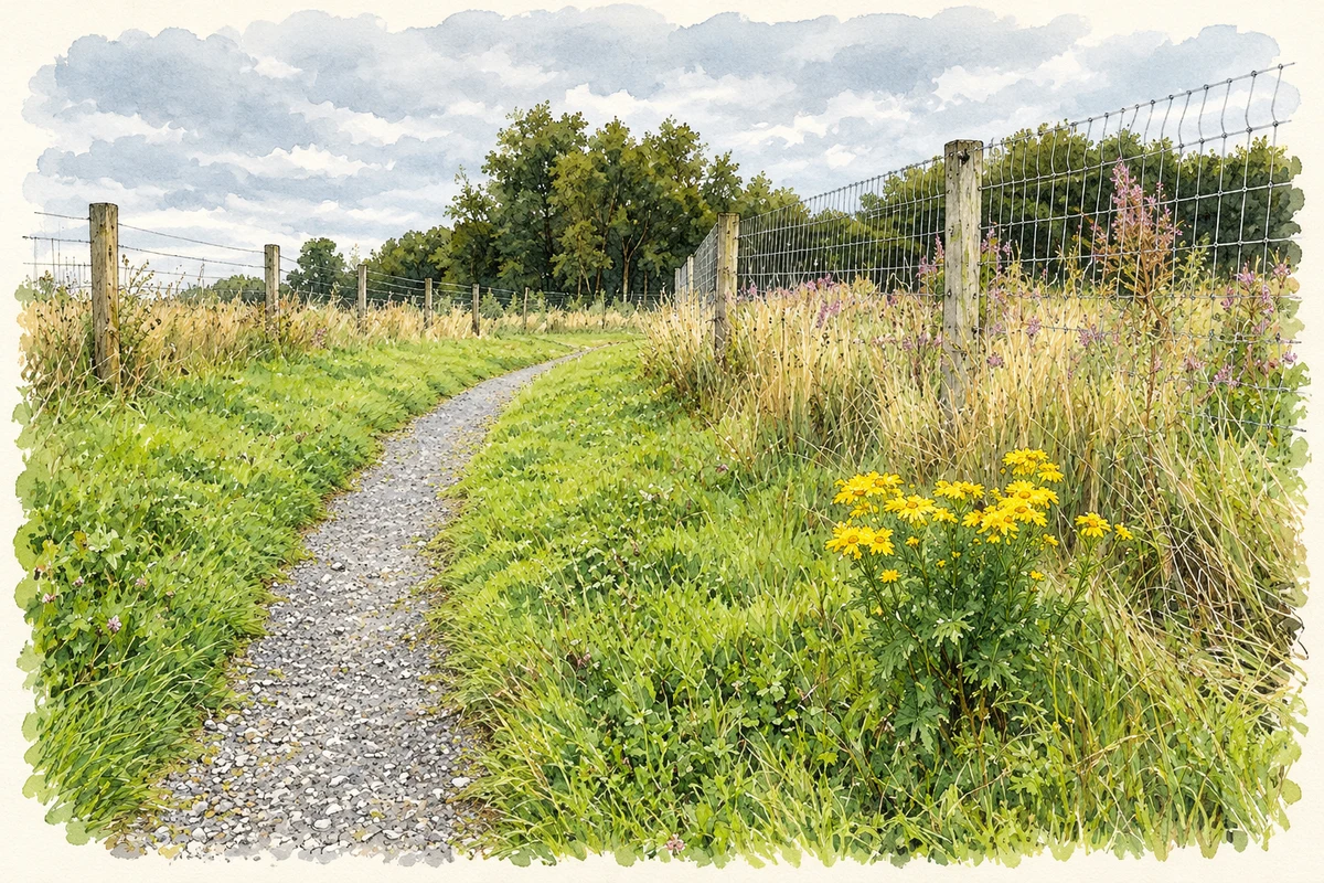 Watercolour and fine ink illustration of Lisnarick Community Trail as photographed in August 2026.
