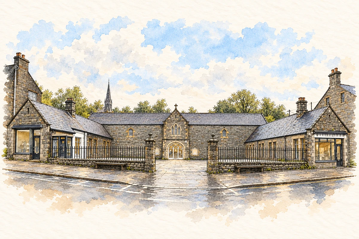 Watercolour and fine ink illustration of Corn Market, Lisnaskea, County Fermanagh in Lisnaskea.