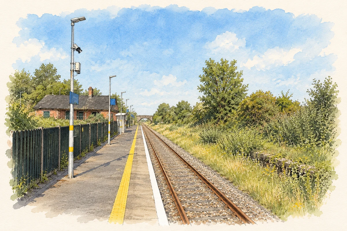 Watercolour and fine ink illustration of Attymon railway station, County Galway.