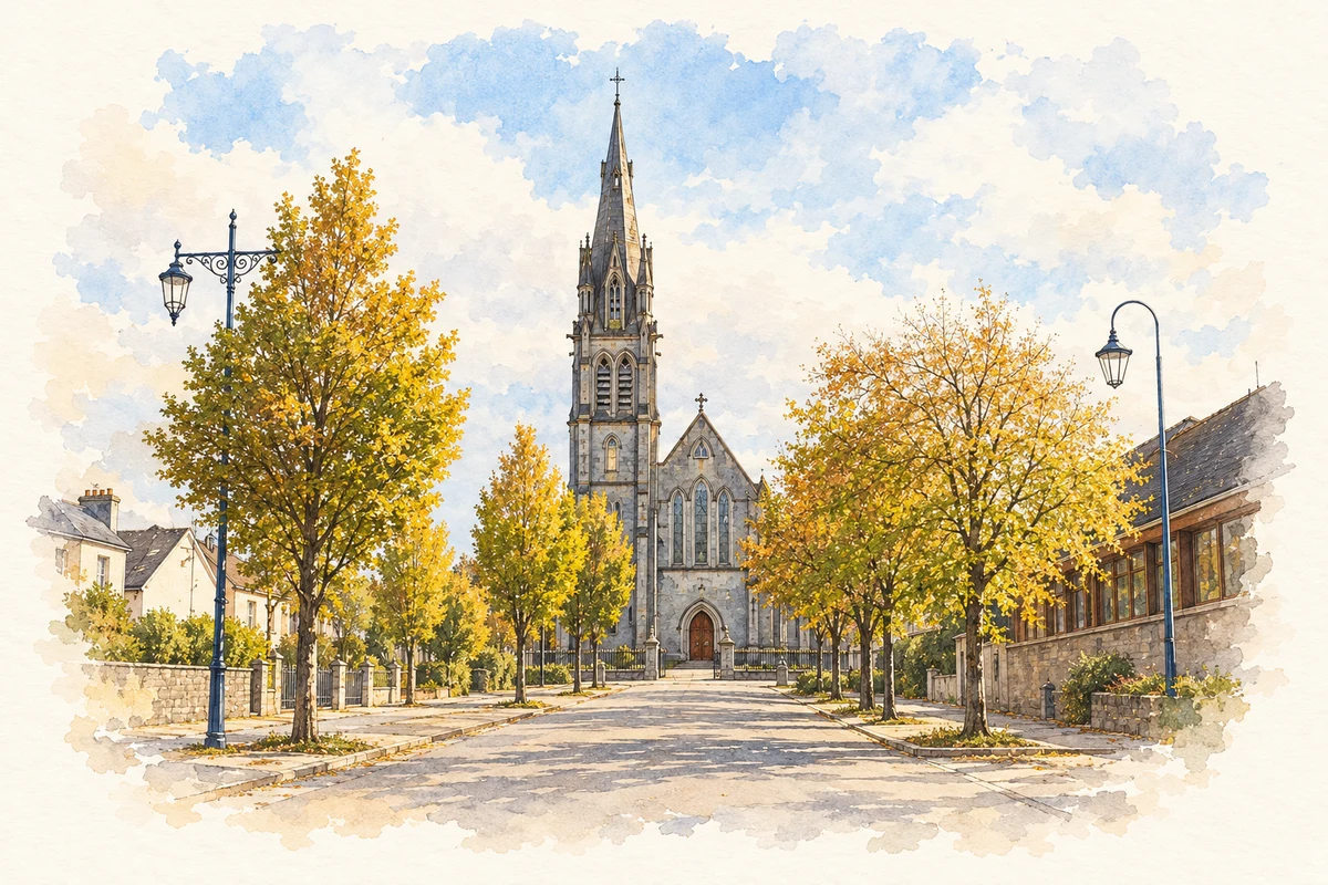 Watercolour and fine ink illustration of Saint Michael's Church from Saint Michael's Square, Ballinasloe in Ballinasloe.