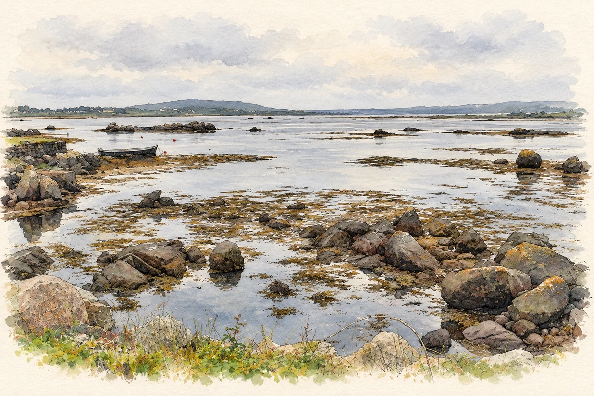 Watercolour and fine ink illustration of Coast near Costelloe Lodge.
