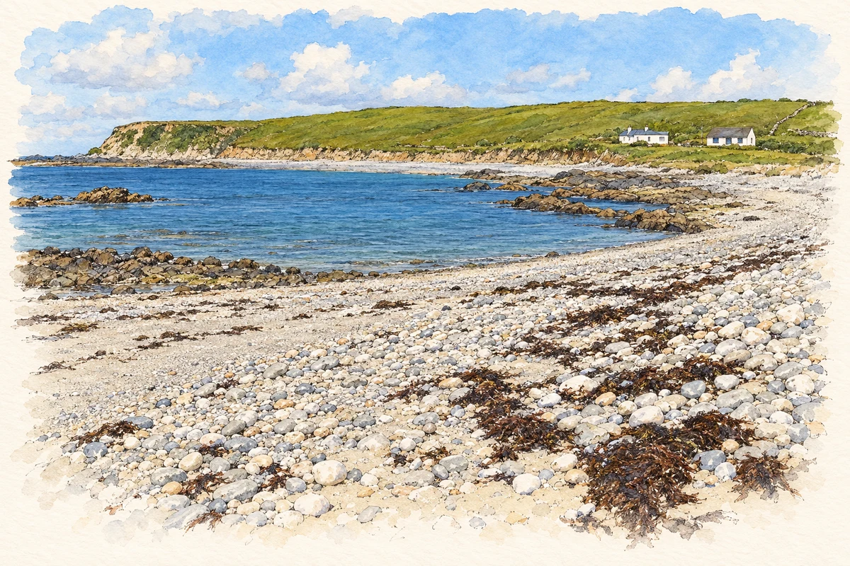 Watercolour and fine ink illustration of An Droimín shore near Errislanan, as photographed in 2015.