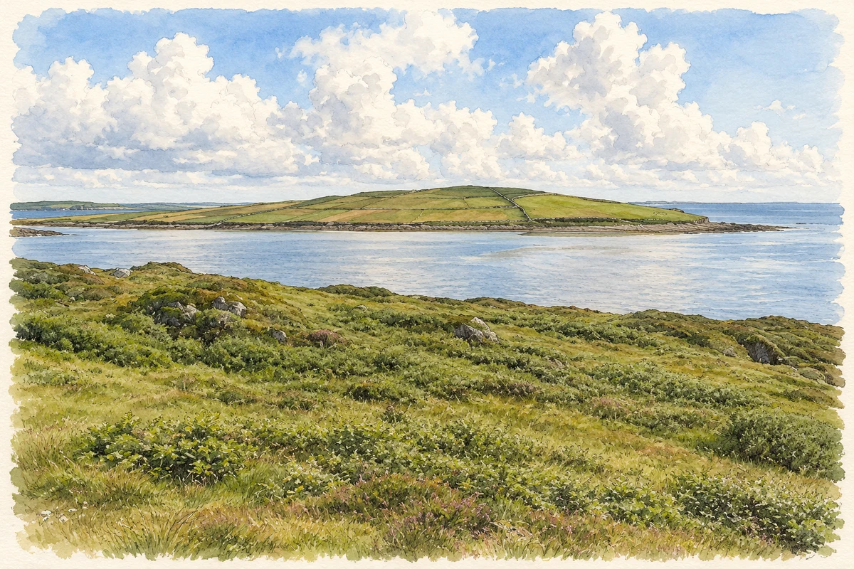 Watercolour and fine ink illustration of Coastal view towards An Aird Mhóir, near Ballyconree.
