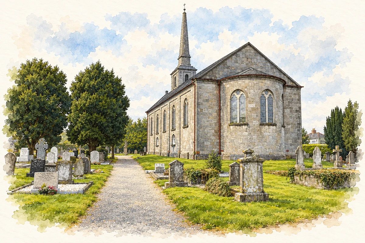 Watercolour and fine ink illustration of Saint Peter's Church of Ireland, Portlaoise, County Laois in Port Laoise.
