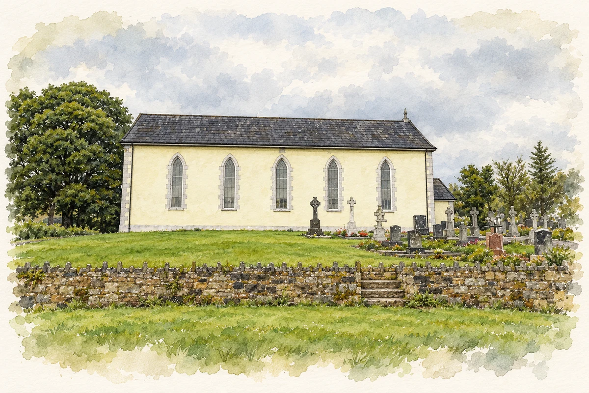 Watercolour and fine ink illustration of Aughnasheelan Roman Catholic church, County Leitrim.