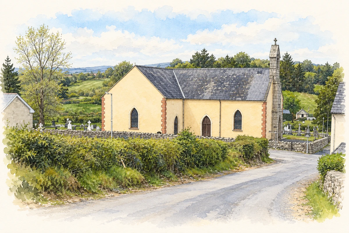 Watercolour and fine ink illustration of St Hugh's Church, Ballinagleragh, County Leitrim.