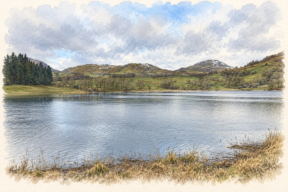 Watercolour and fine ink illustration of Doon Lough near Fivemilebourne, as photographed in 2024.