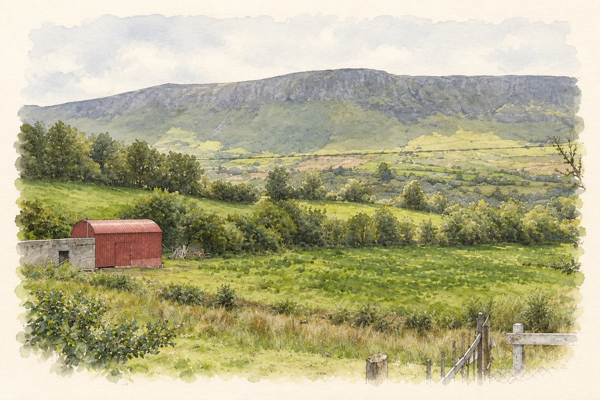 Watercolour and fine ink illustration of Glenade valley landscape, as photographed in 2009.