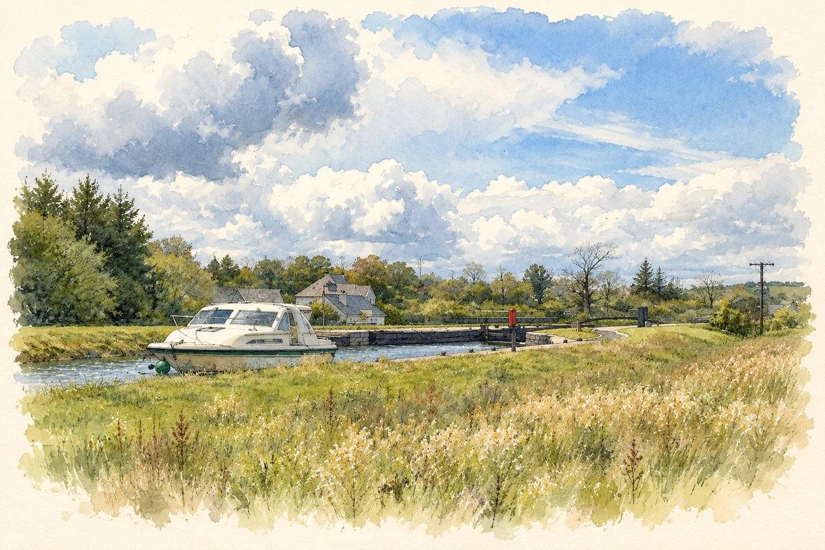 Watercolour and fine ink illustration of Kilclare Upper Lock on the Shannon–Erne Waterway, as photographed in 2004.