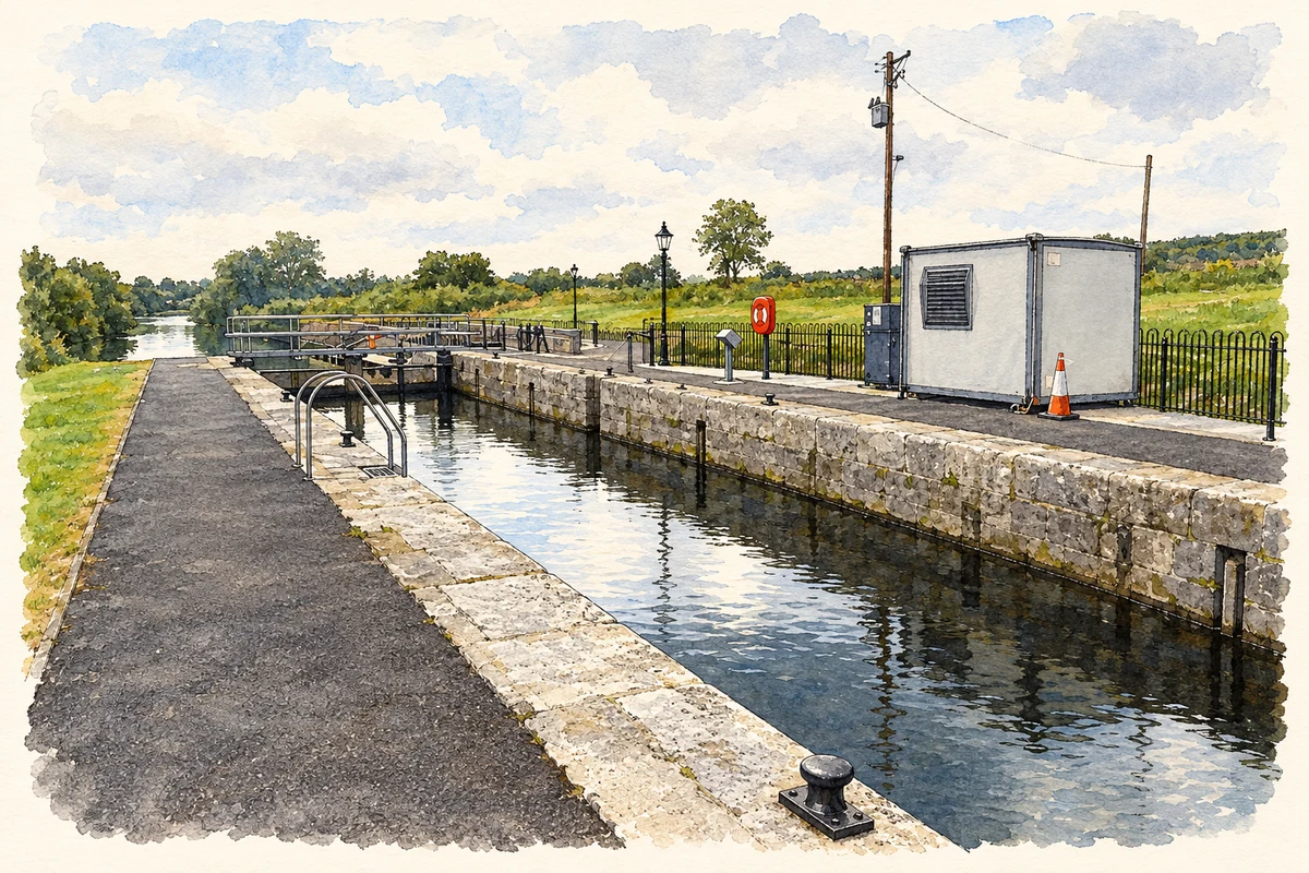 Watercolour and fine ink illustration of Aghoo Lock near Lawderdale, as photographed in 2009.