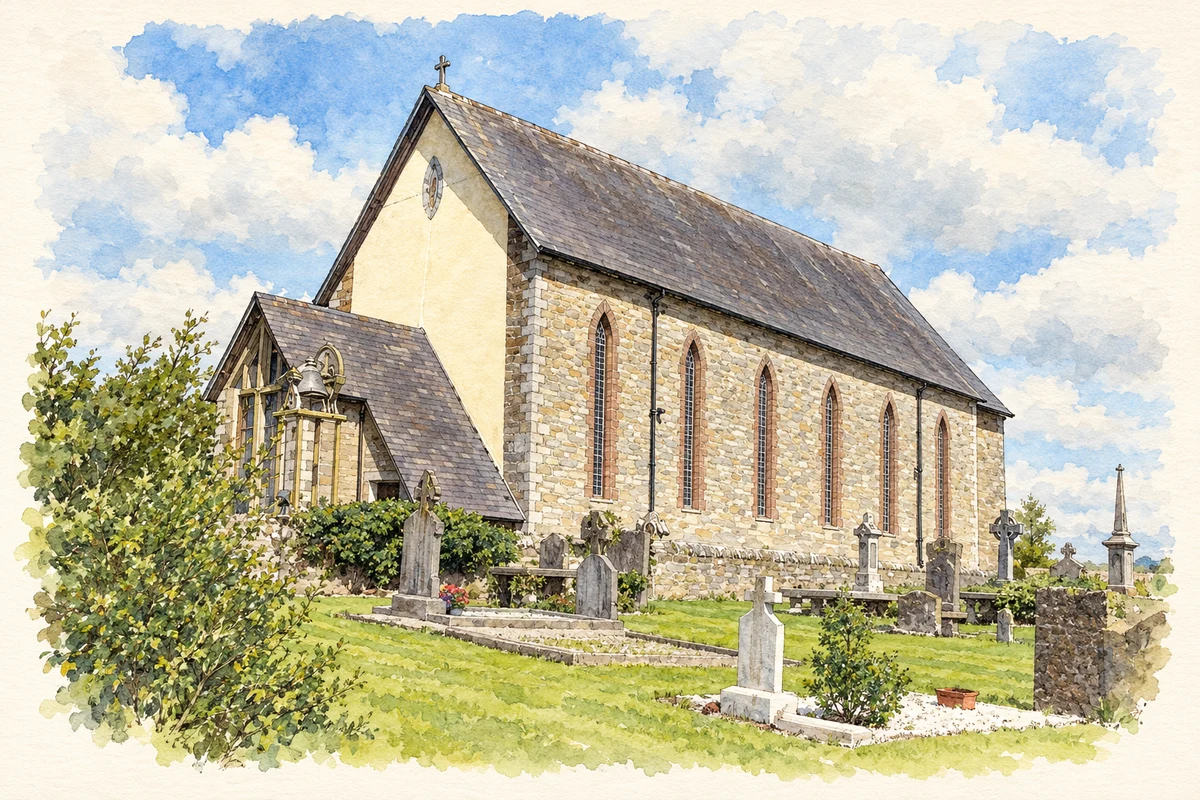 Watercolour and fine ink illustration of Saint Cormac's Church, Boleyvogue.