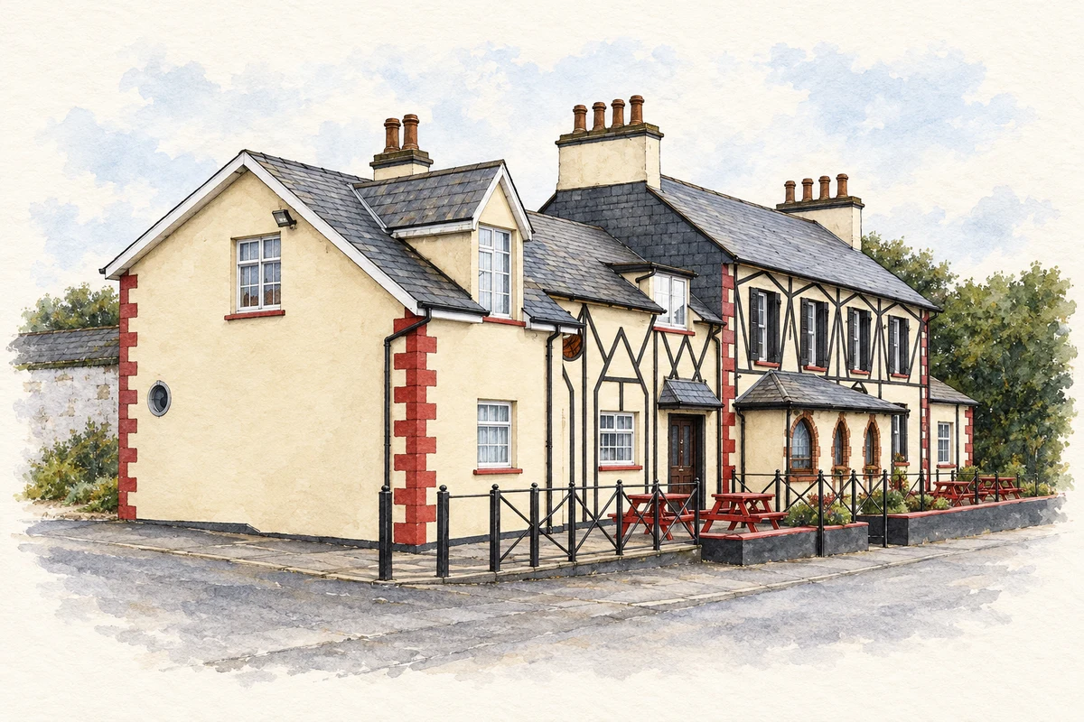 Watercolour and fine ink illustration of Butler pub and inn, near Broadway, County Wexford.