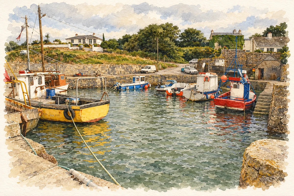Watercolour and fine ink illustration of Fethard Quay harbour.