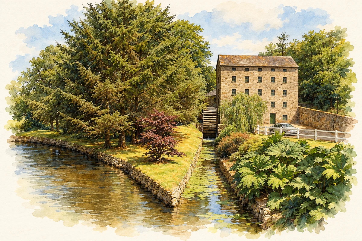 Watercolour and fine ink illustration of Old corn mill at Foulkesmill, as photographed in 2006.