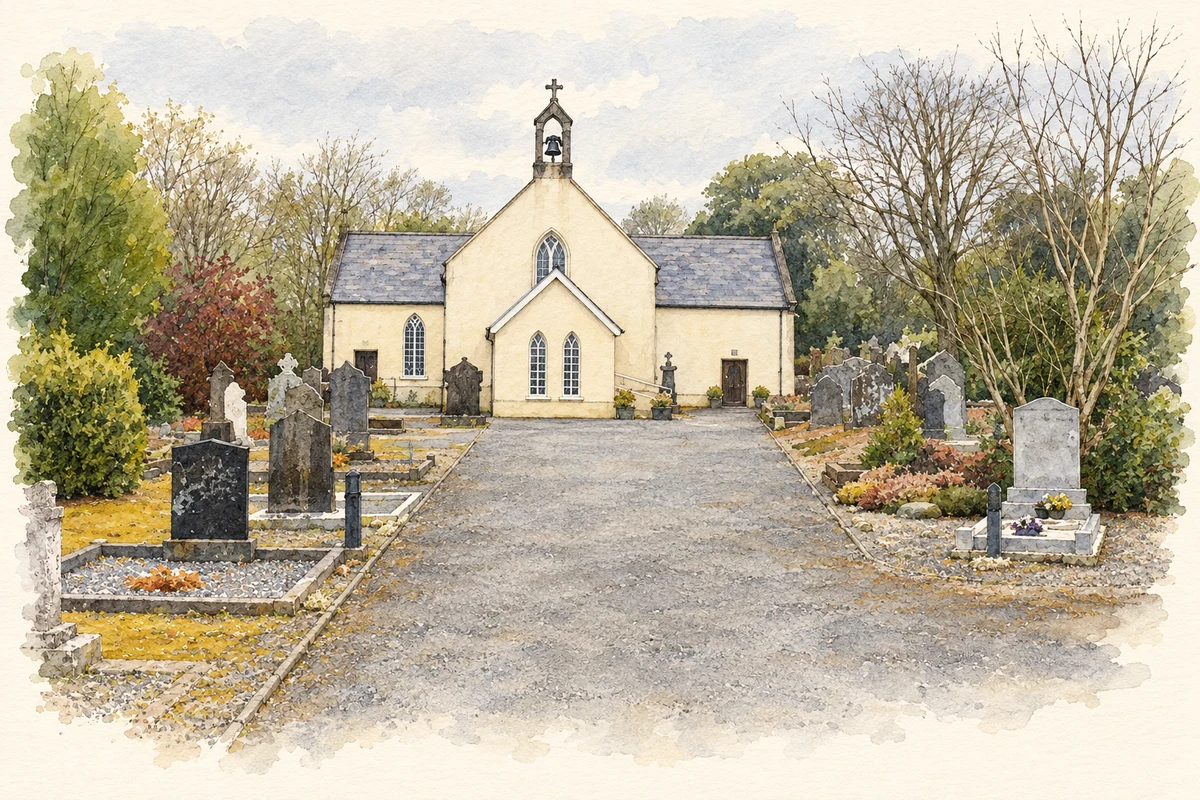 Watercolour and fine ink illustration of Saint Peter’s Church near Glenbrien, as photographed in 2016.