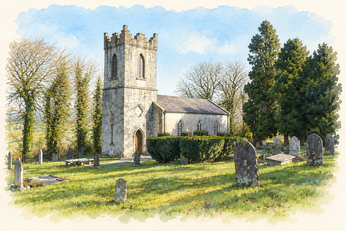 Watercolour and fine ink illustration of Saint John’s Church near Hollyfort, as photographed in 2008.