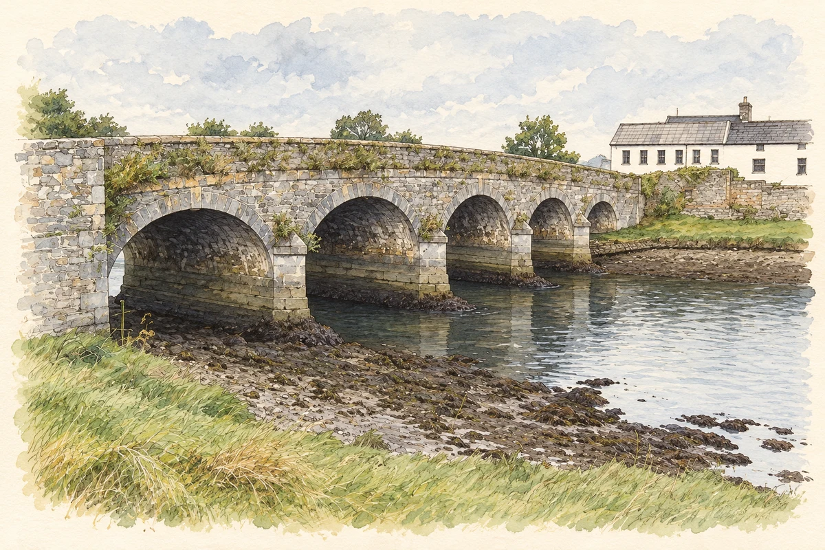 Watercolour and fine ink illustration of Annagassan Bridge, County Louth.