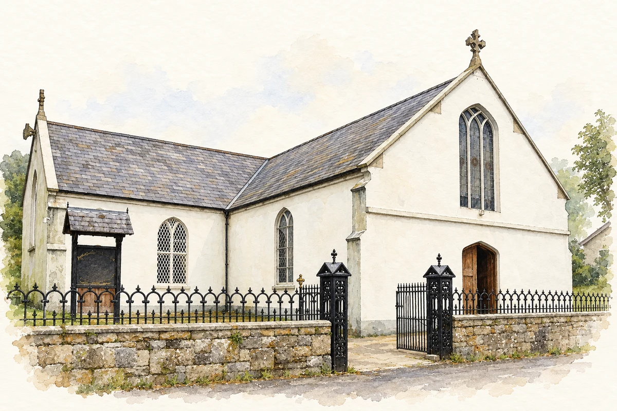 Watercolour and fine ink illustration of Saint Mary's Catholic Church, Ravensdale, County Louth.