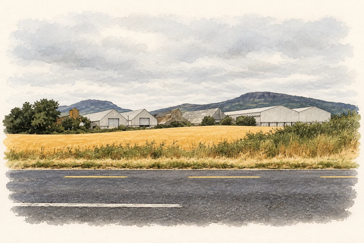 Watercolour and fine ink illustration of Cooley Distillery buildings at Riverstown, County Louth, as photographed in July 2018.