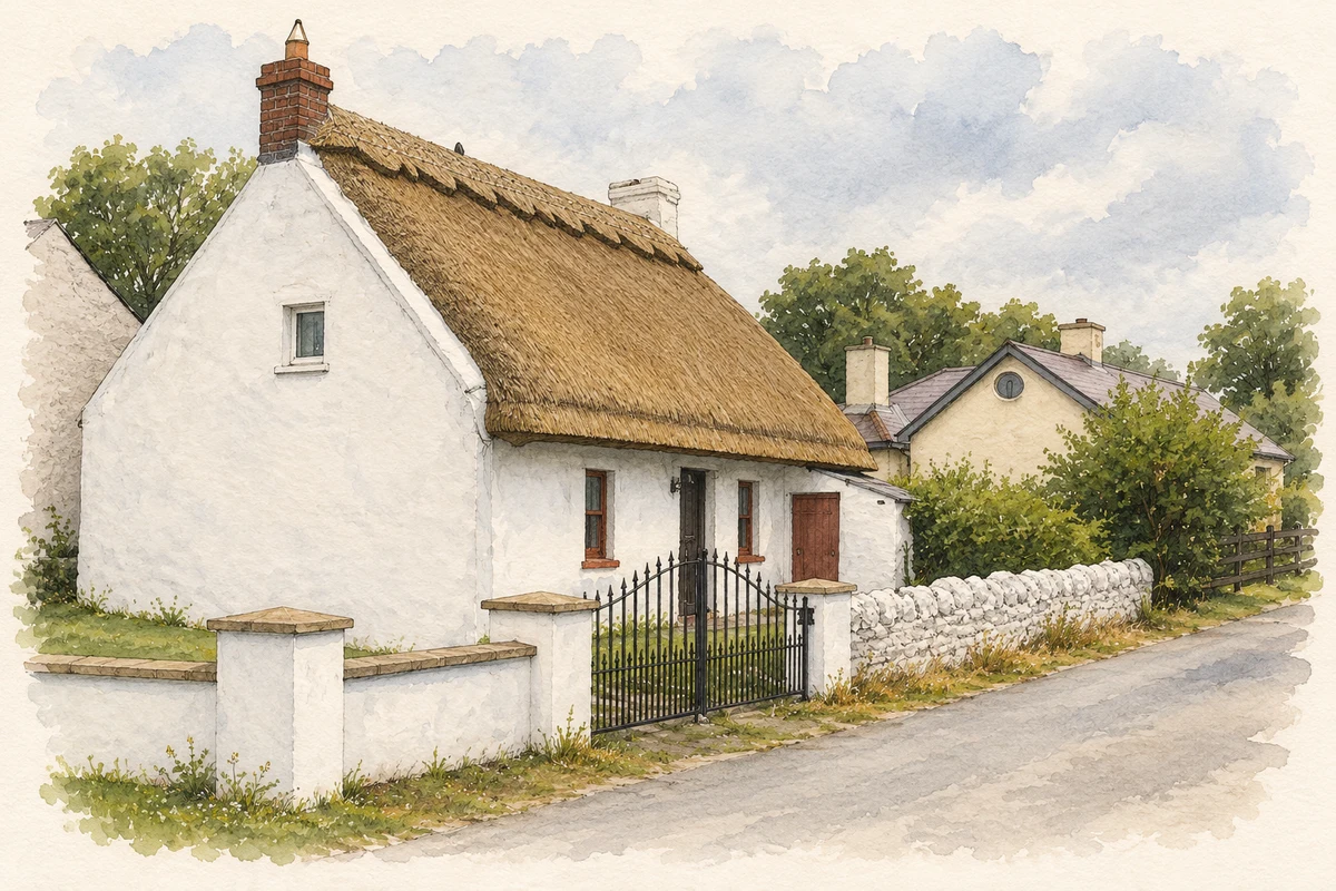Watercolour and fine ink illustration of Thatched cottage at Baltray.