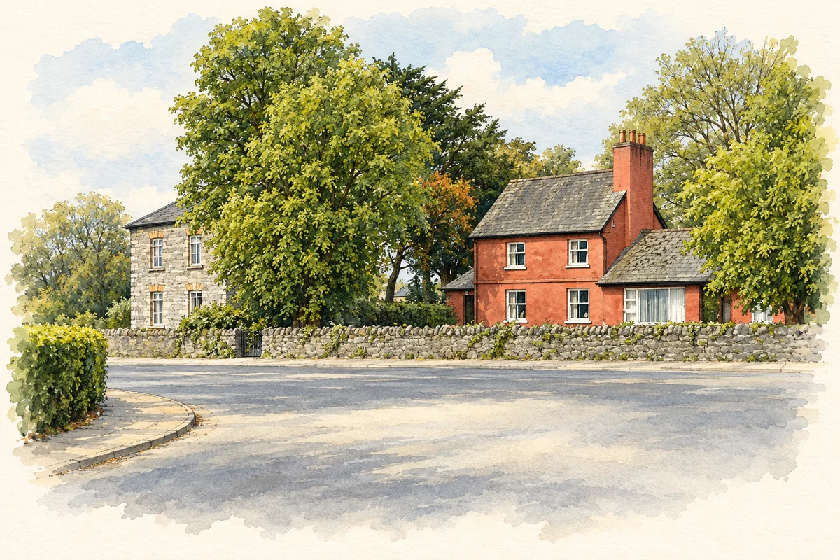 Watercolour and fine ink illustration of Former barracks and school buildings at Clarina crossroads.