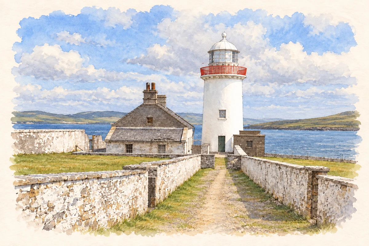 Watercolour and fine ink illustration of Broadhaven Lighthouse at Ballyglass, near Broadhaven.