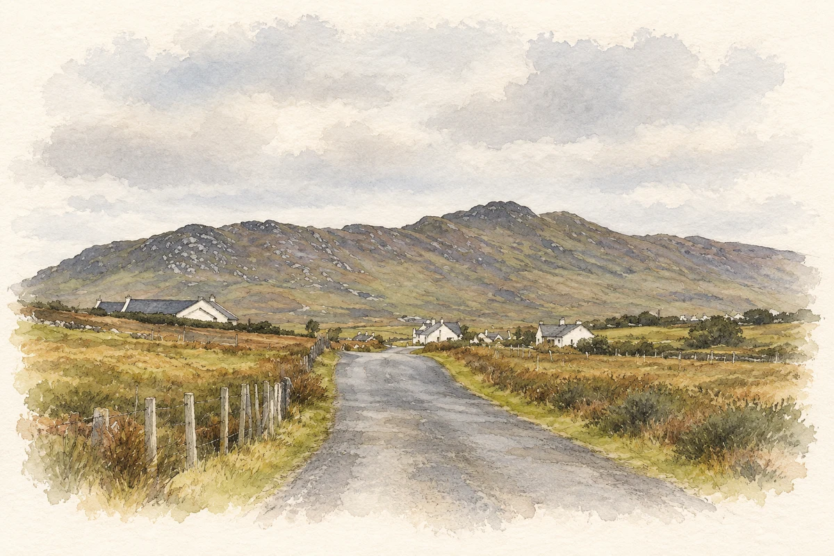 Watercolour and fine ink illustration of Road and mountain scenery at Currane.