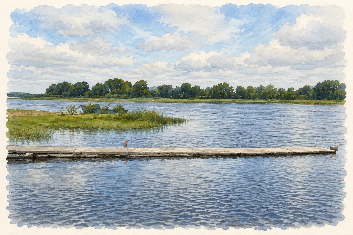 Watercolour and fine ink illustration of Cloghans Pier on Lough Conn, near Newtown Cloghans, as photographed in June 2009.