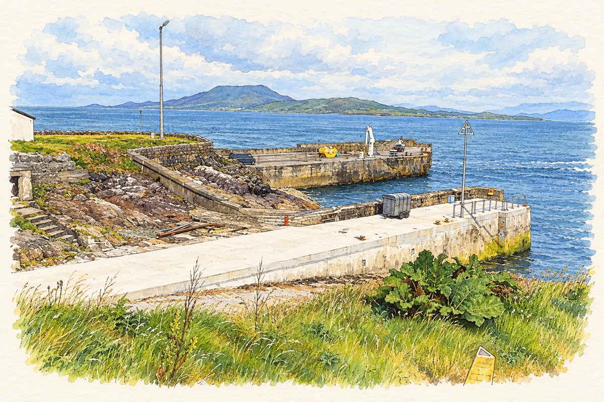 Watercolour and fine ink illustration of Piers at Roonagh Quay beside Roonah Point, County Mayo, as photographed in June 2022.
