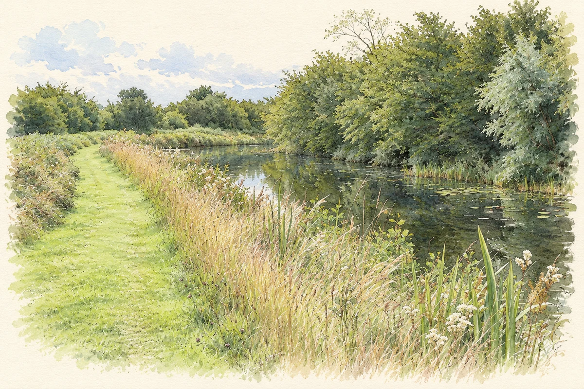 Watercolour and fine ink illustration of The Royal Canal at Blackshade near Hill of Down, as photographed in 2009.