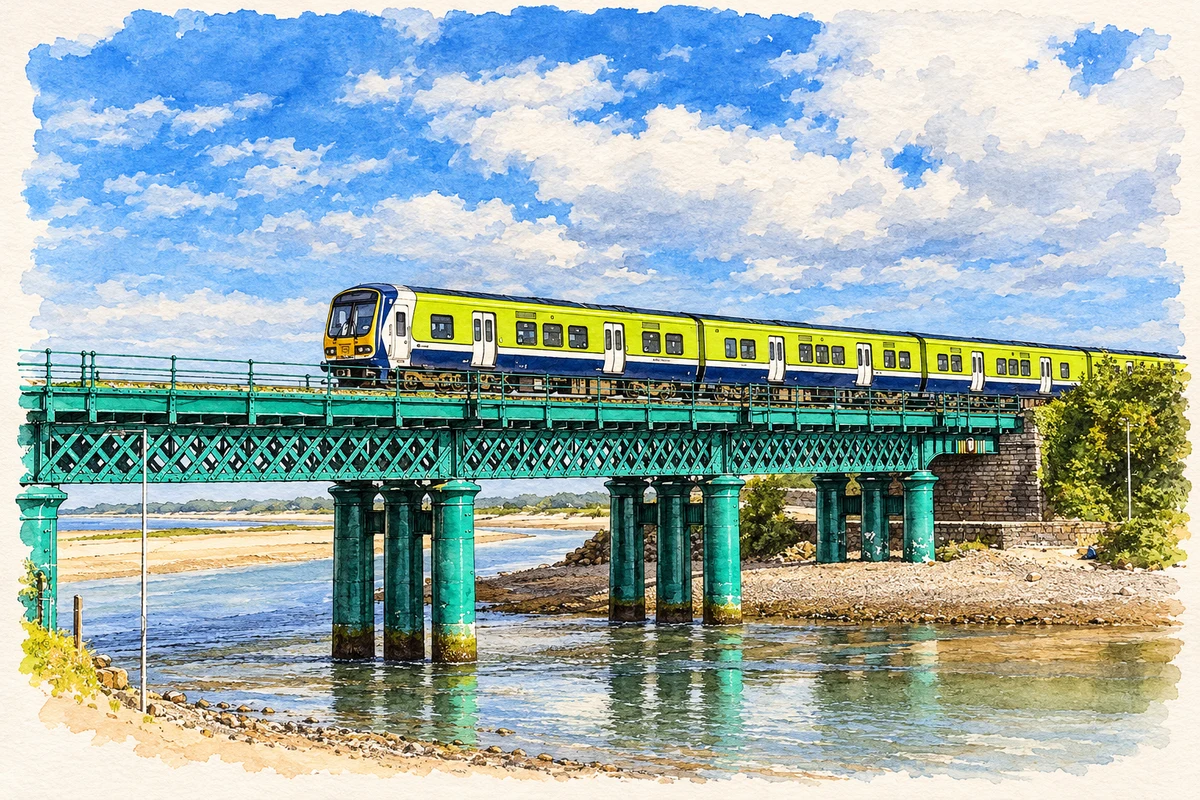 Watercolour and fine ink illustration of Laytown railway viaduct over the River Nanny.