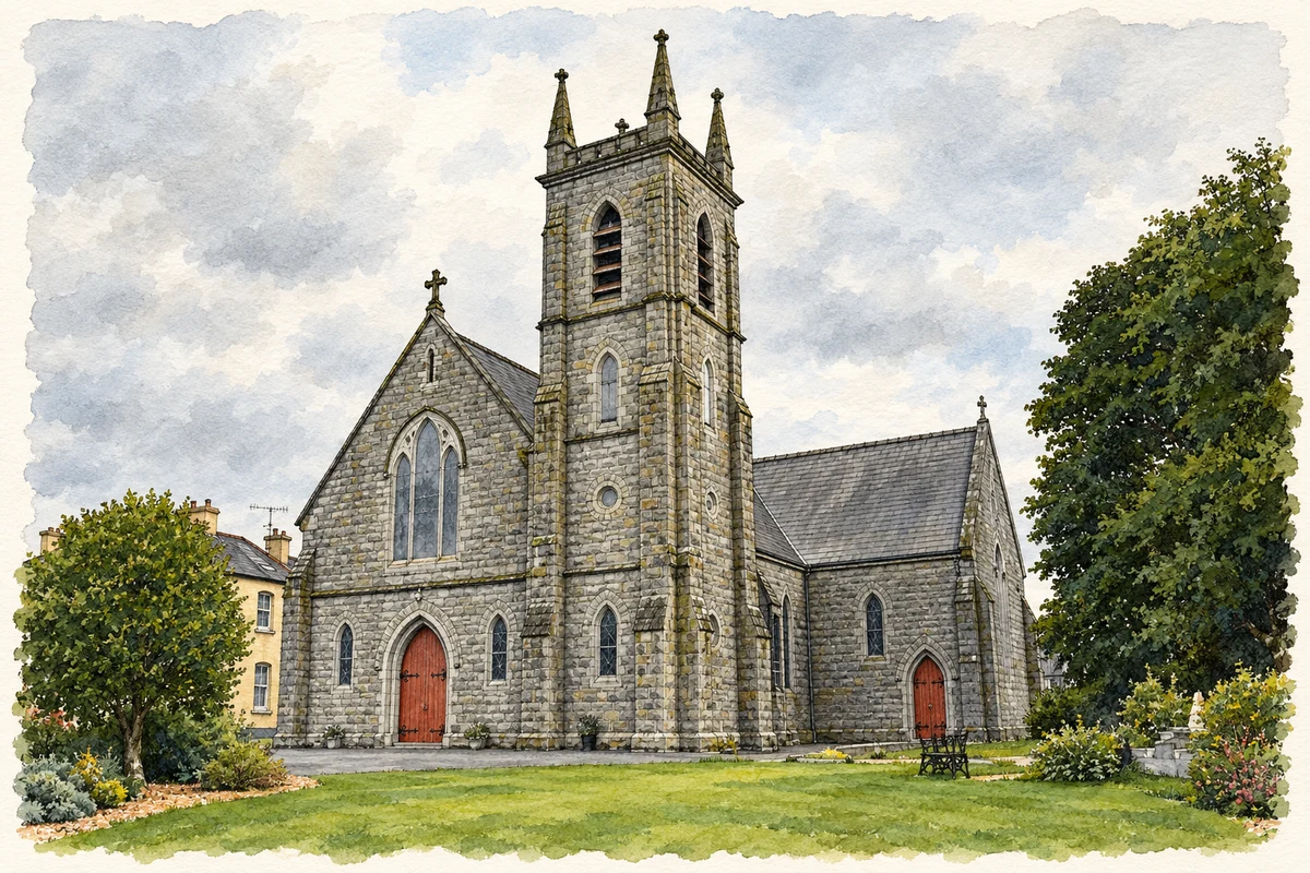 Watercolour and fine ink illustration of St Patrick's Church, Broomfield, County Monaghan.