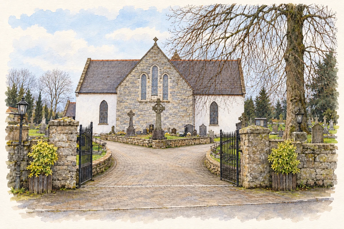 Watercolour and fine ink illustration of Church of the Sacred Heart, Carrickroe.