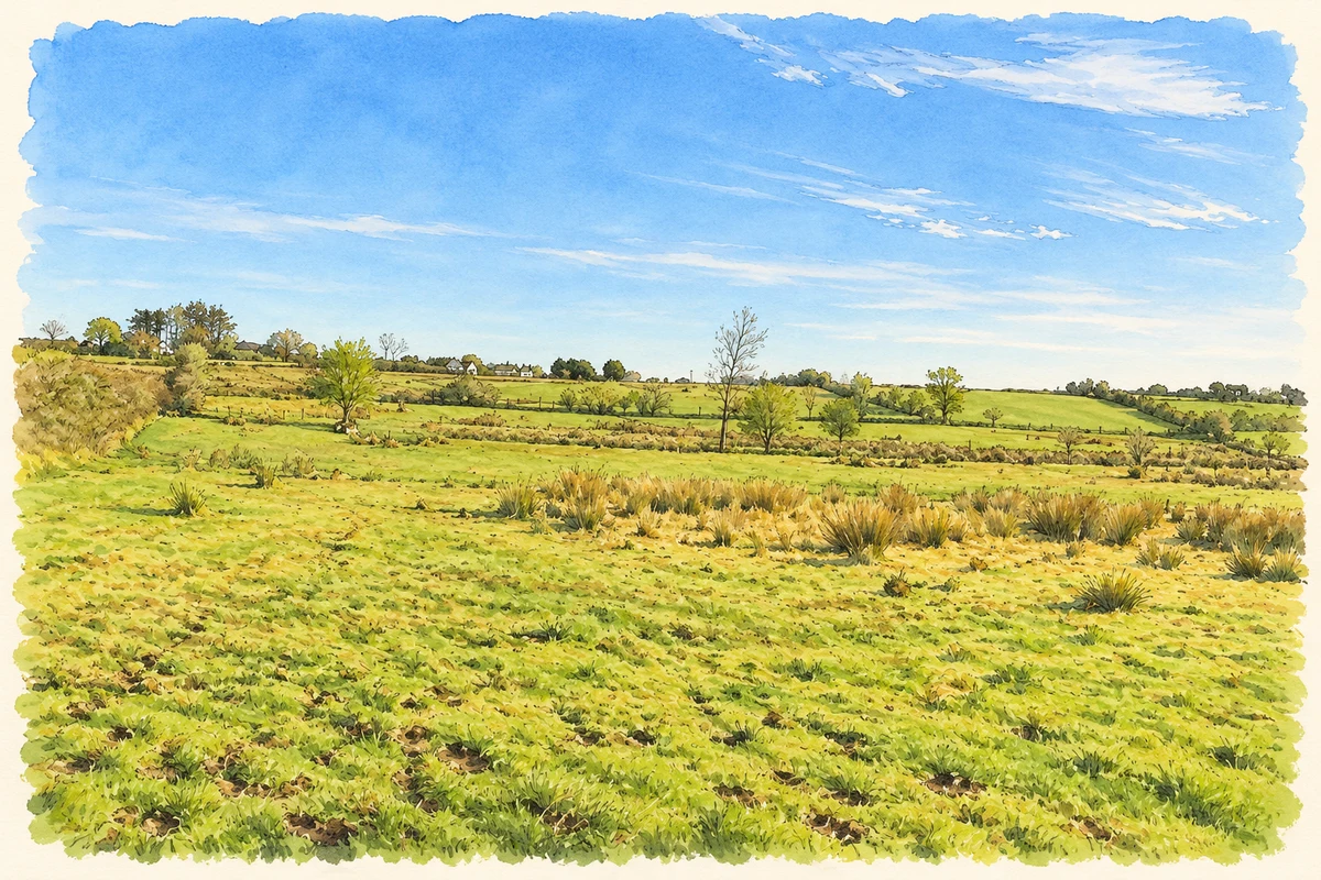 Watercolour and fine ink illustration of Pasture in Lough Morne townland, as photographed in October 2012.