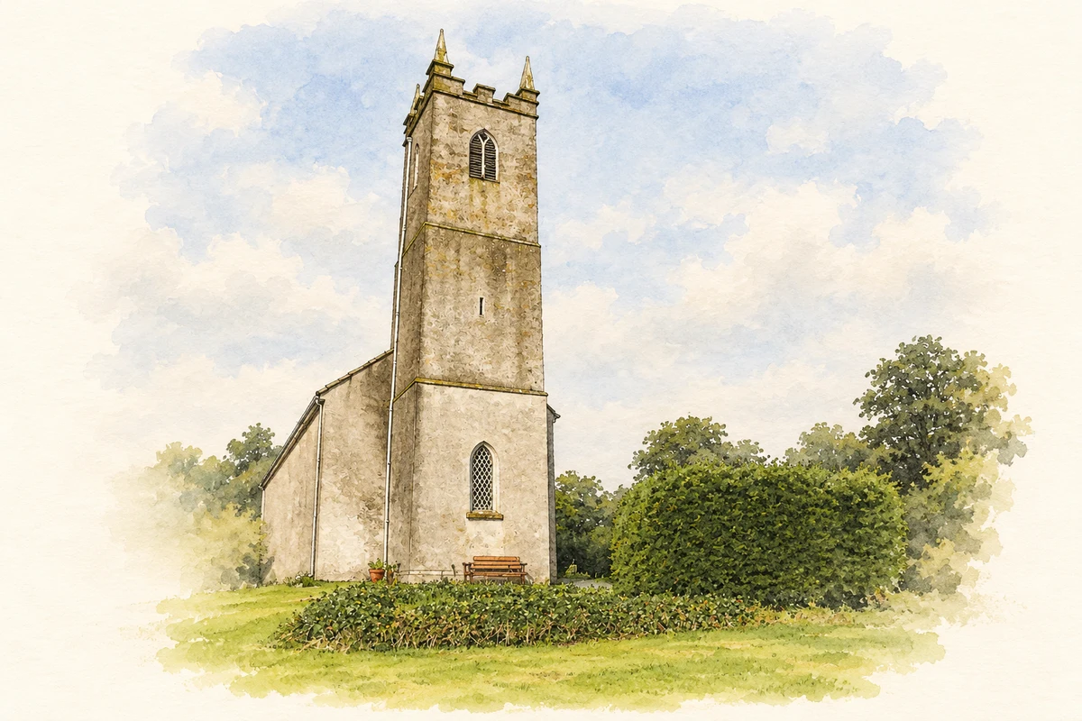 Watercolour and fine ink illustration of Saint Andrew's Church tower, Scotshouse.