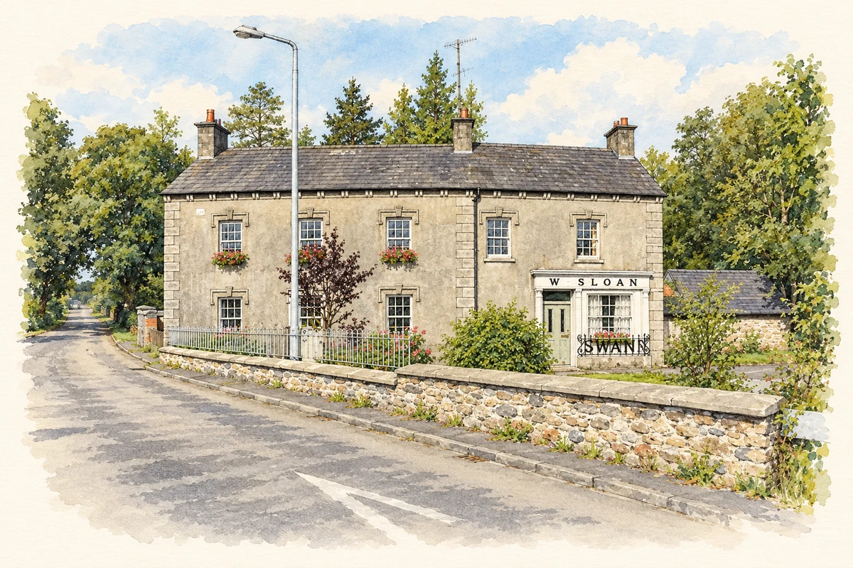 Watercolour and fine ink illustration of The former W Sloan shop and adjoining house at Swan’s Cross Roads, as photographed in August 2012.