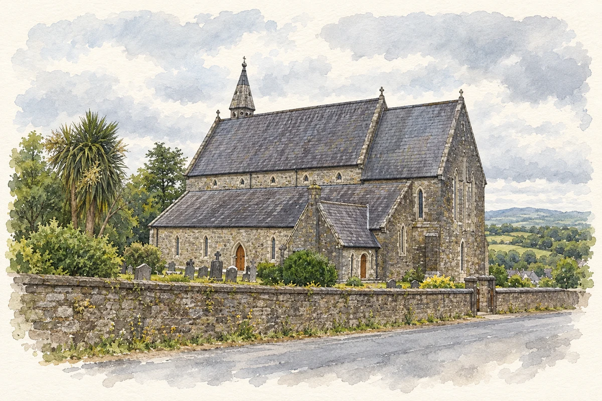 Watercolour and fine ink illustration of St Patrick's Catholic Church, Portlaw, County Waterford.