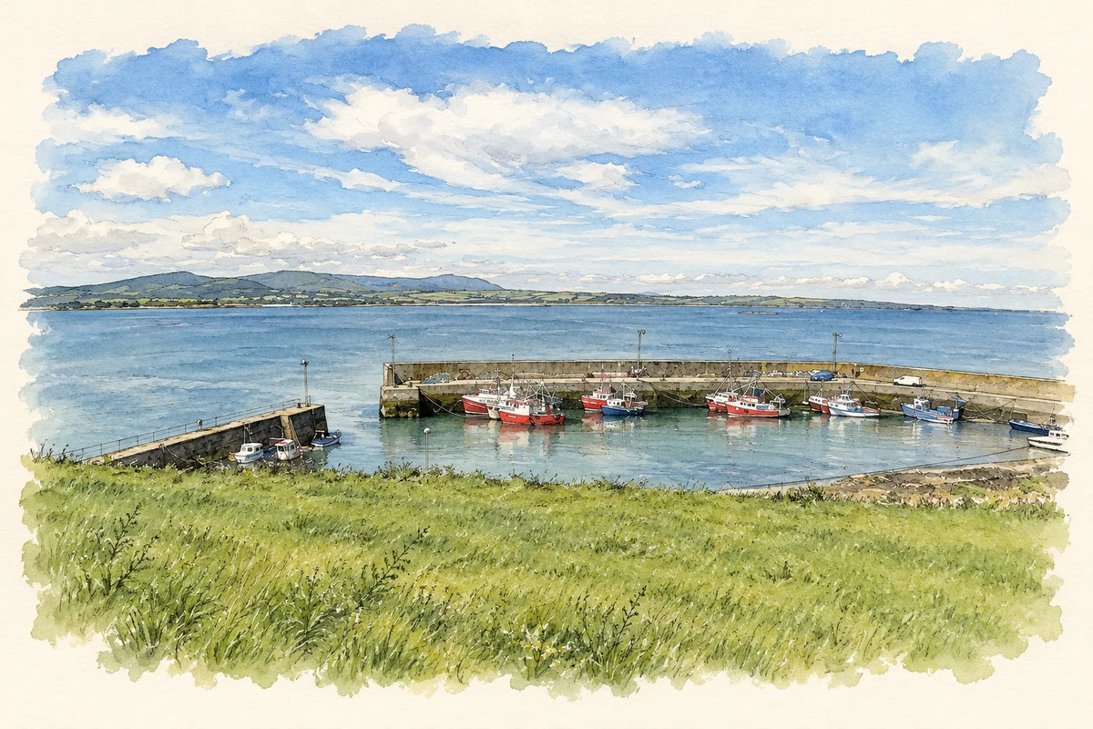Watercolour and fine ink illustration of Helvick Harbour, near Ringville (An Rinn).