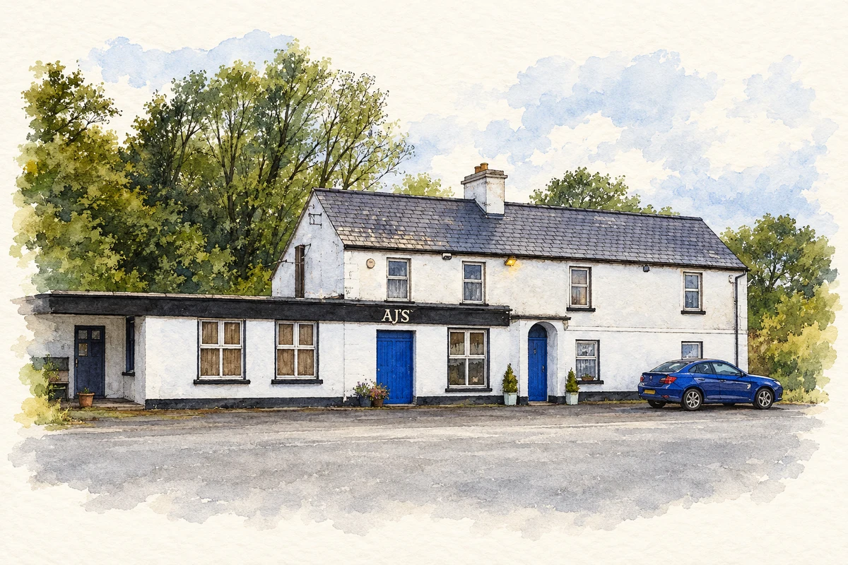 Watercolour and fine ink illustration of Former AJ's public house, Beltra, 2015.