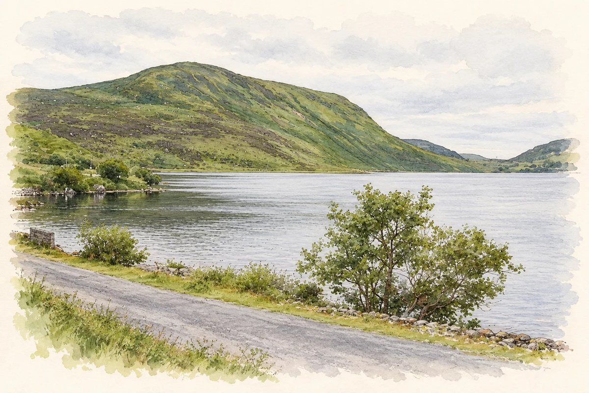 Watercolour and fine ink illustration of Lough Talt near Gleneask, as photographed in 2012.