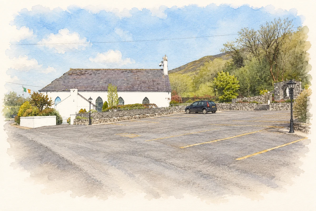 Watercolour and fine ink illustration of Saint Kevin’s Church at Keash, as photographed in 2008.