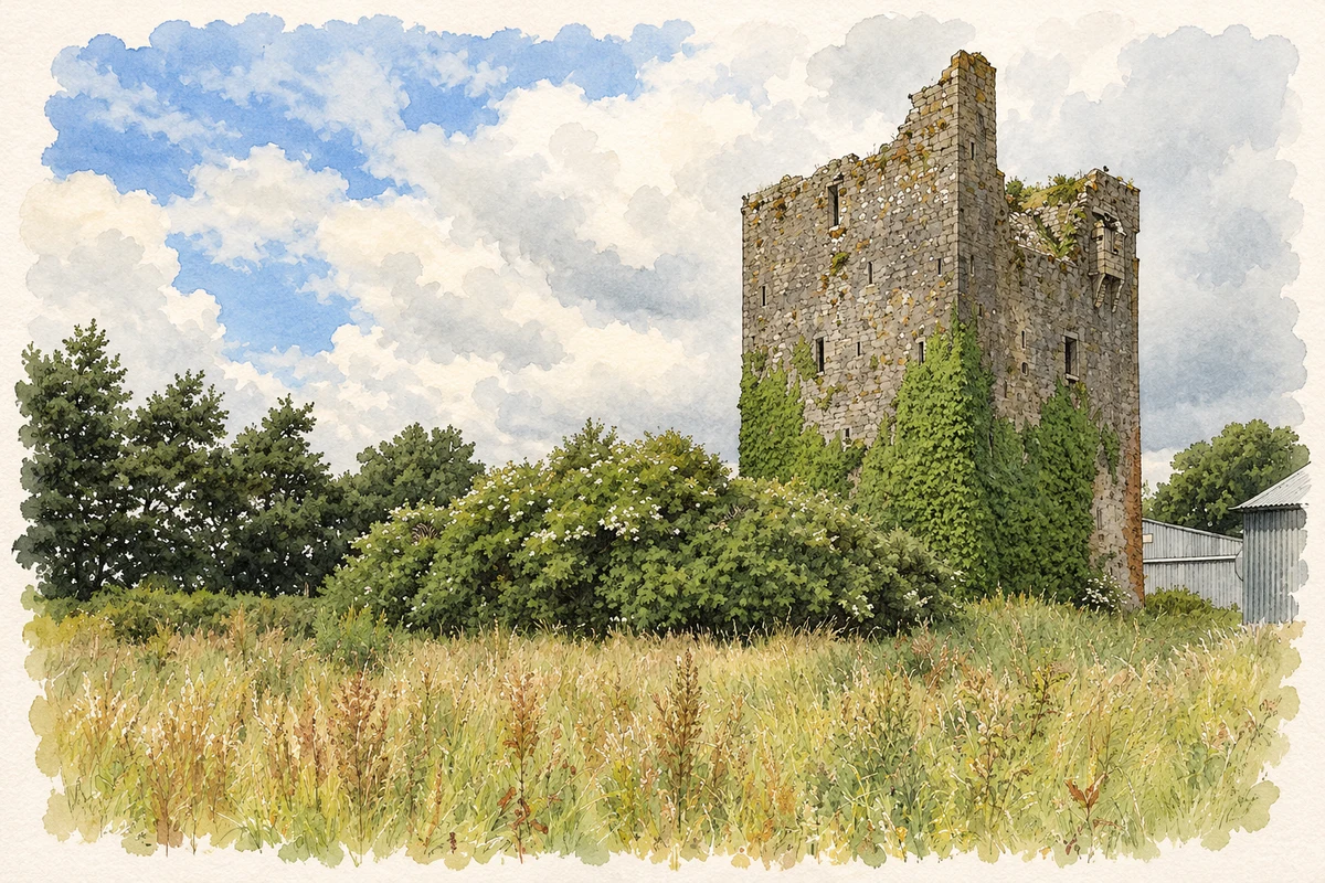 Watercolour and fine ink illustration of Ballindoney Castle near Grange, County Tipperary.