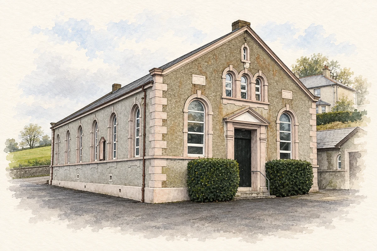 Watercolour and fine ink illustration of Reformed Presbyterian Church, Bready.