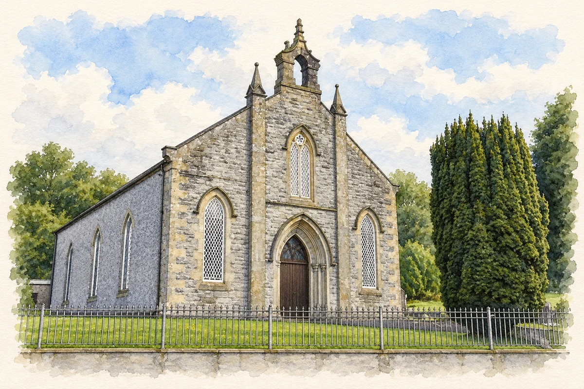 Watercolour and fine ink illustration of Presbyterian Church, Carland.